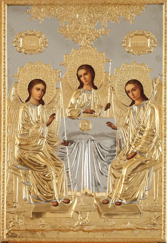 Painted icon of the Holy Trinity 50×70, oil, riza cover №85, gilding