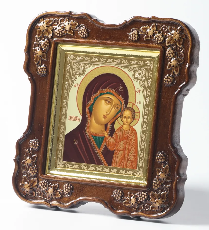 Icon in icon case 11×13 (vine 4), tempera embossing, stretcher imitation gold leaf Kazan Mother of God
