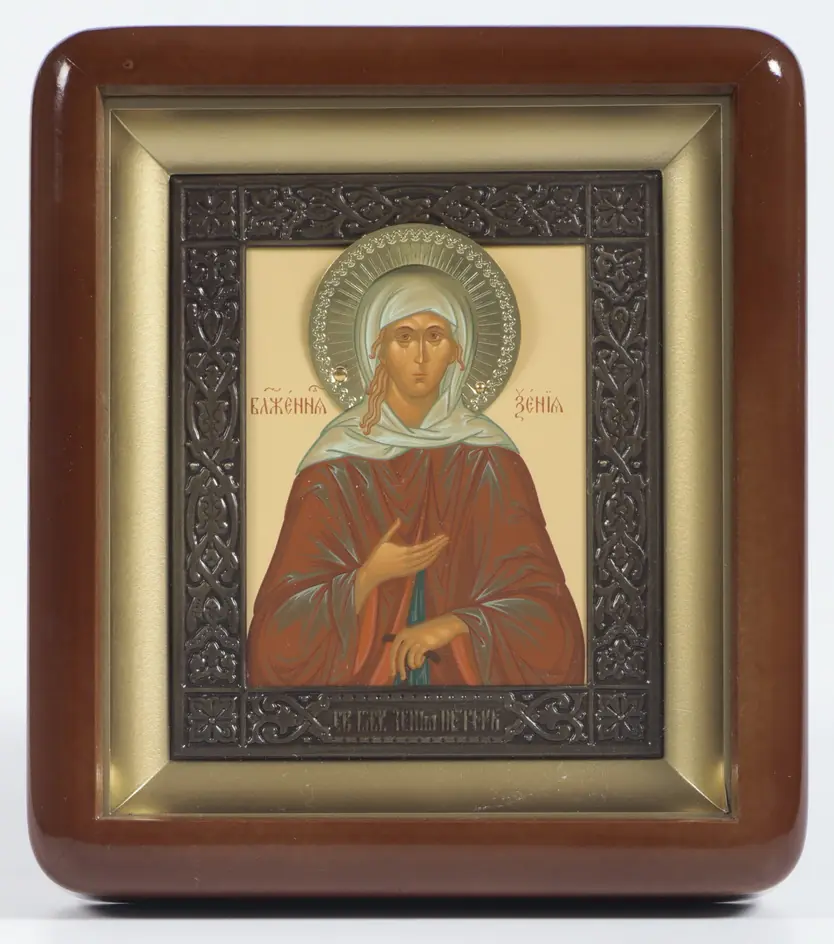 Icon in icon case 11×13 shaped, tempera, patinated riza Xenia of St Petersburg