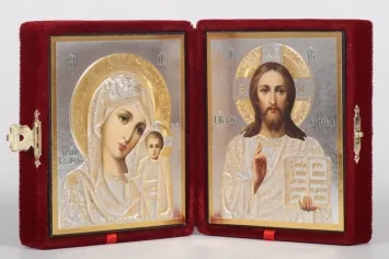 Folding icon in case 8×11 velvet, blind embossing Saviour-Kazan Mother of God