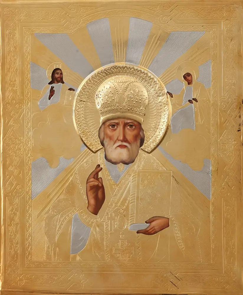 Painted icon of St Nicholas the Wonderworker 24×30, oil, riza cover №231, gilding