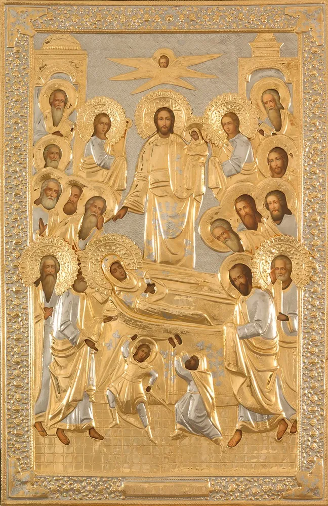 Painted icon of the Dormition of the Most Holy Theotokos 80×120, oil, riza cover №174, gilding