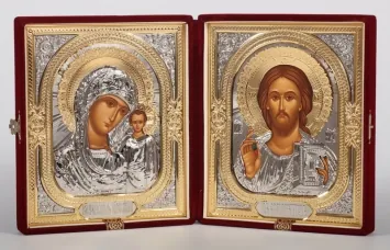 Folding icon in case 18×24 velvet, tempera, 3D riza cover, gilding, nickel plating Saviour-Kazan Mother of God