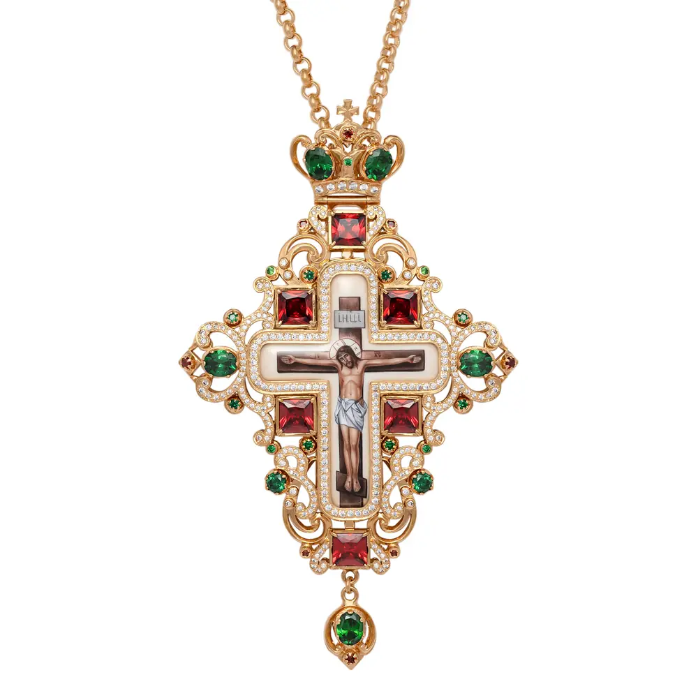 Pectoral cross №1417 / cubic zirconia enamel miniature / gilding