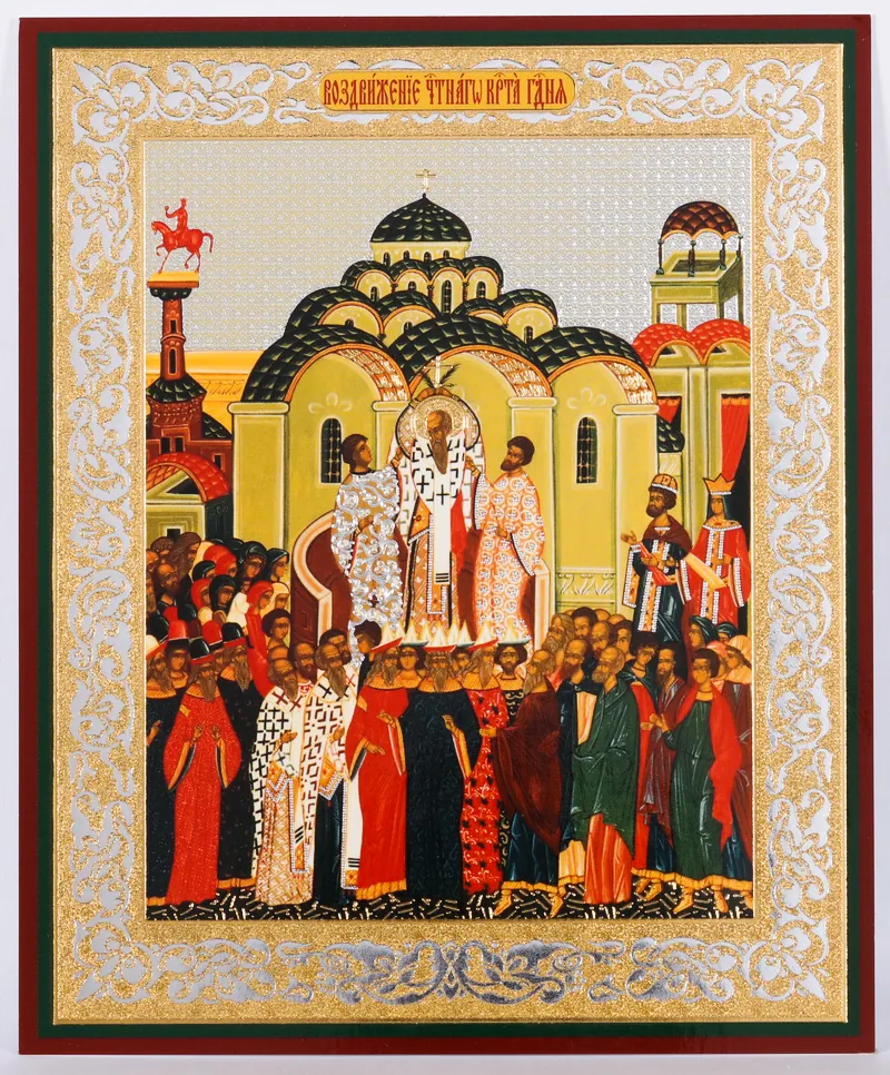 Icon on wooden panel 11×13 double embossing Exaltation of the Cross