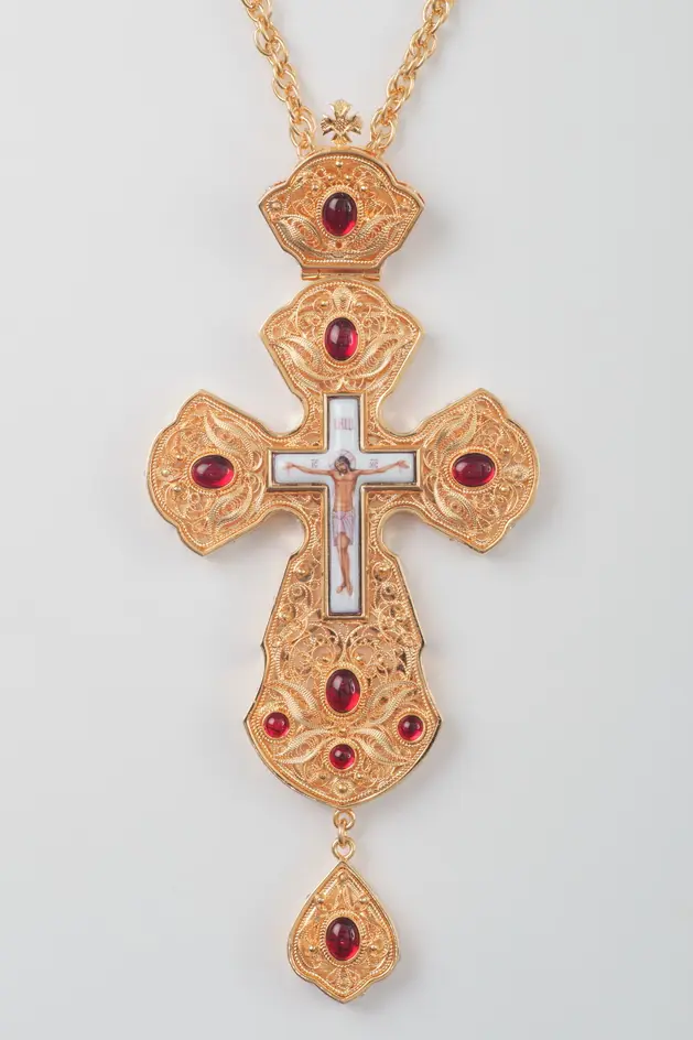 Pectoral cross filigree №0031 double rim, pattern, enamel miniature / gilding