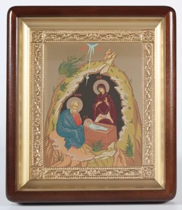 ხატი კიოტში 18×24 ფიგურული, ტემპერა №9, მოოქროვილი ჩარჩო ქრისტეს შობა 2