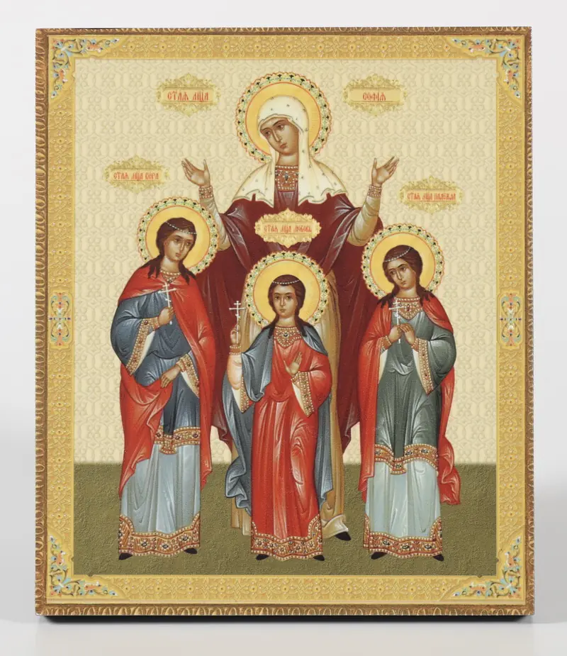Icon on board 22×26 3D print, varnish Faith, Hope, Love and their Mother Sophia
