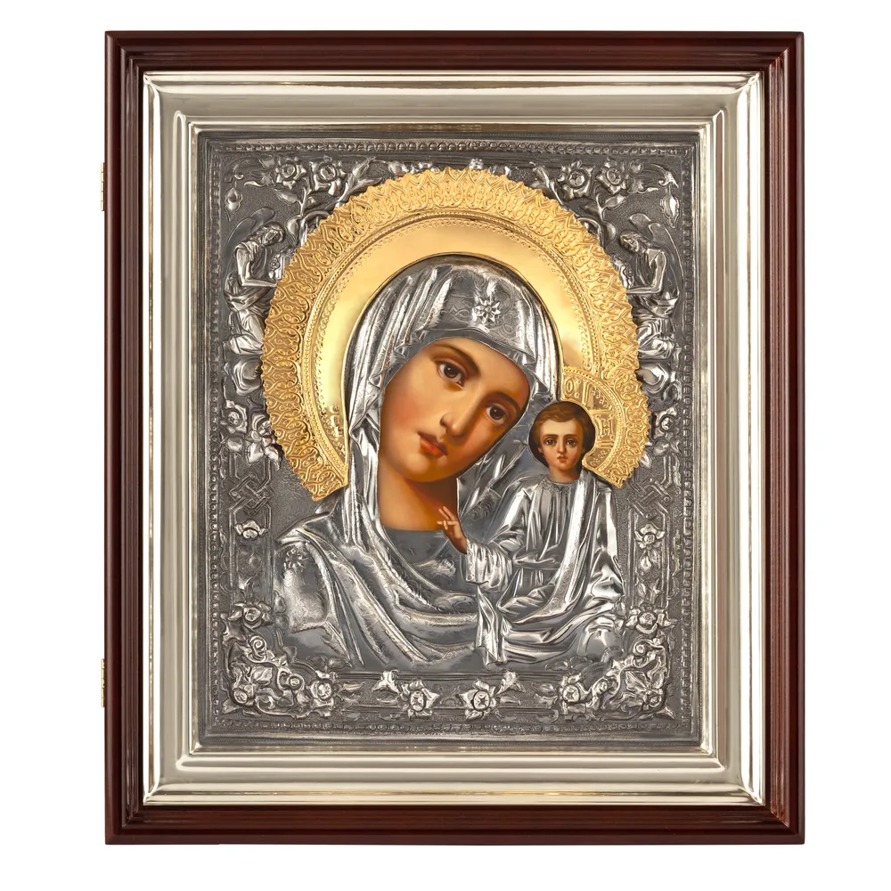 ფერწერული ხატი კიოტში 24×30 ზეთი, მოჭედილობა №113, გაშავებული მოვერცხლვა, კიოტი №1 ყაზანის ღვთისმშობელი