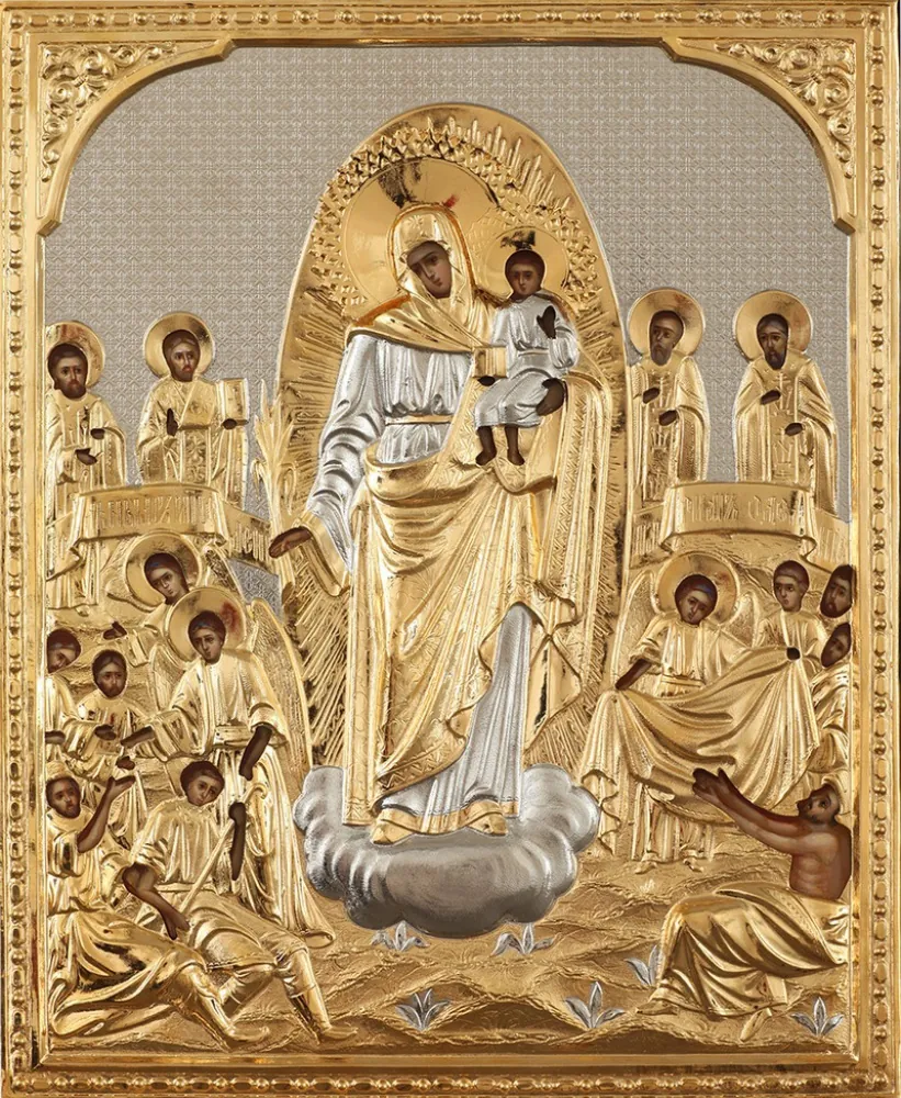 Painted icon of the Mother of God «Joy of All Who Sorrow» 24×30, oil, riza cover №103, gilding