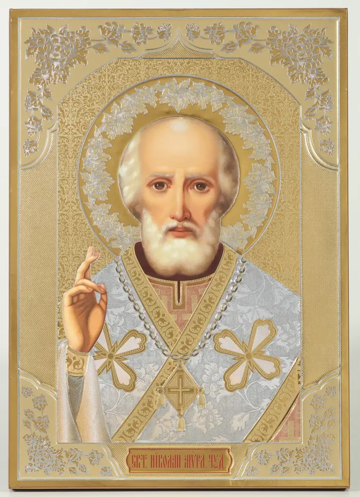 Icon on wooden panel 21×32 chipboard blind embossing, packaging Nicholas the Wonderworker 2