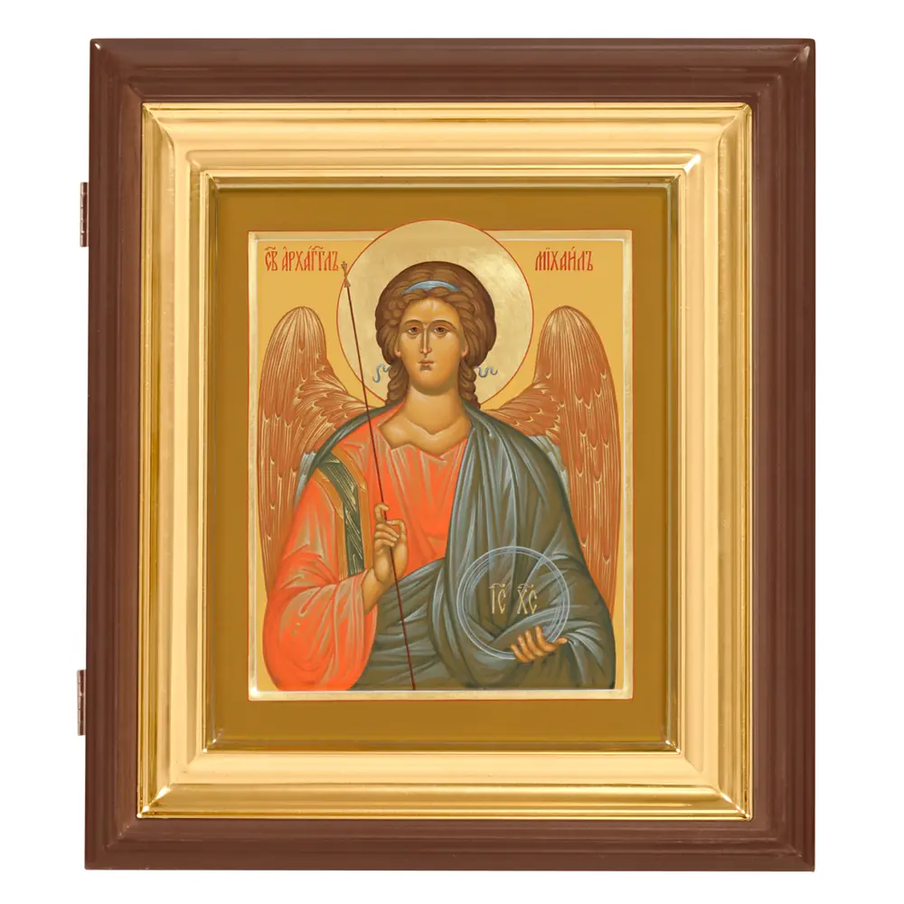 Painted icon on board in icon case 18×24 tempera, gilded halo, recessed field, icon case №1 Archangel Michael, 05622