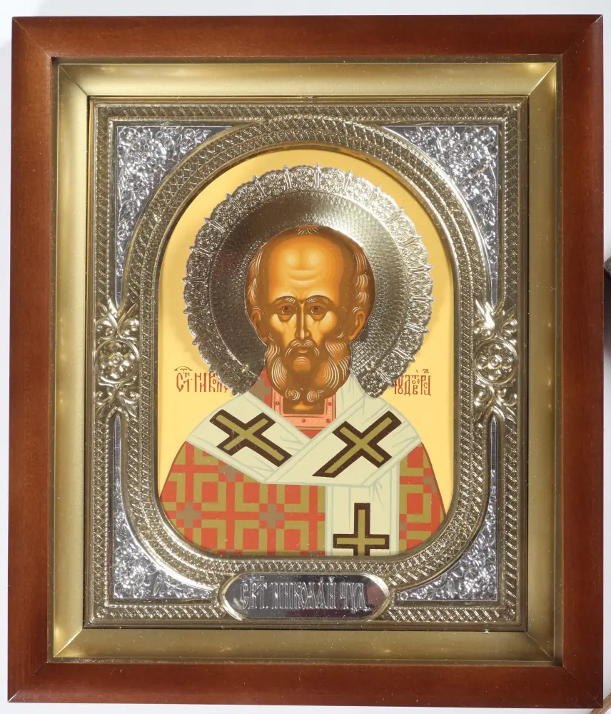 Icon in icon case 18×24 complex, tempera, halo crown, riza frame №1 Nicholas the Wonderworker