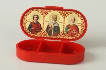 Incense holder (tablet box) red Panteleimon-Nicholas the Wonderworker-Diomedes physician