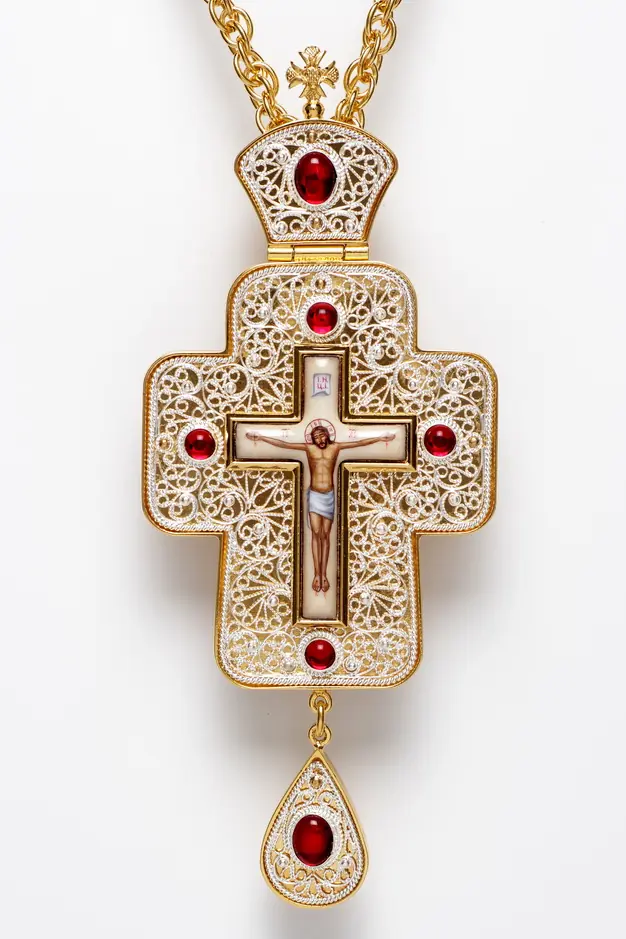 Pectoral cross filigree №0034 single rim, enamel miniature / gilding, silver plating