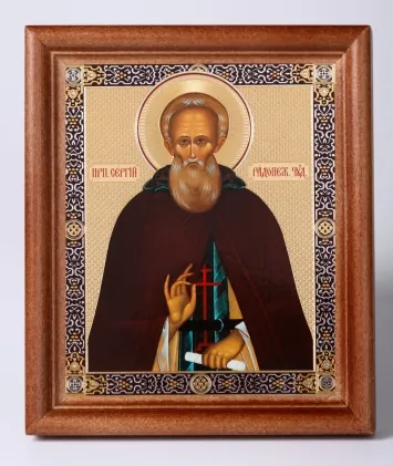Icon in wooden frame 11×13 Name Day set, double embossing Sergius of Radonezh