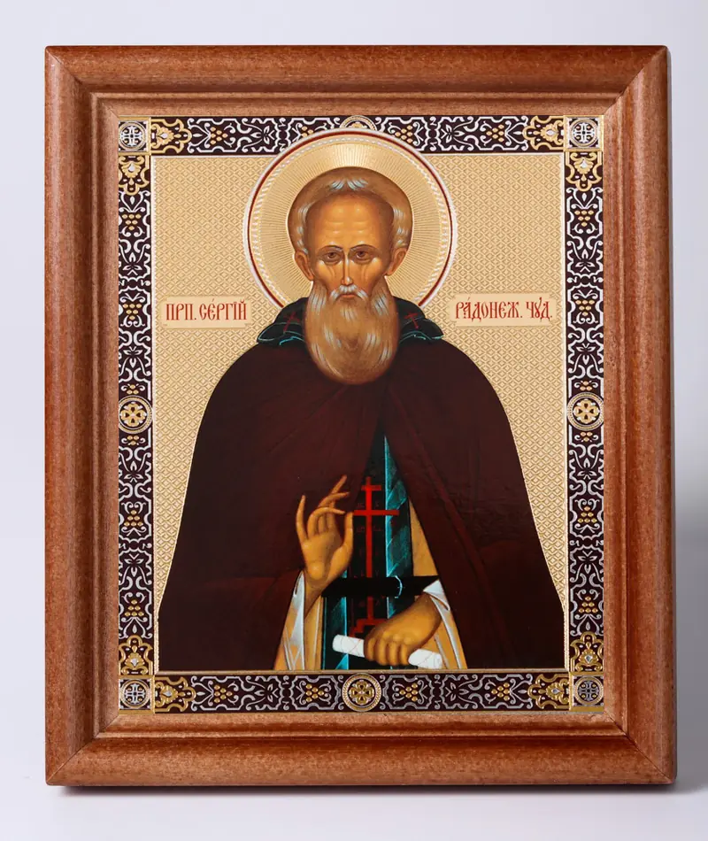 Icon in wooden frame 11×13 Name Day set, double embossing Sergius of Radonezh