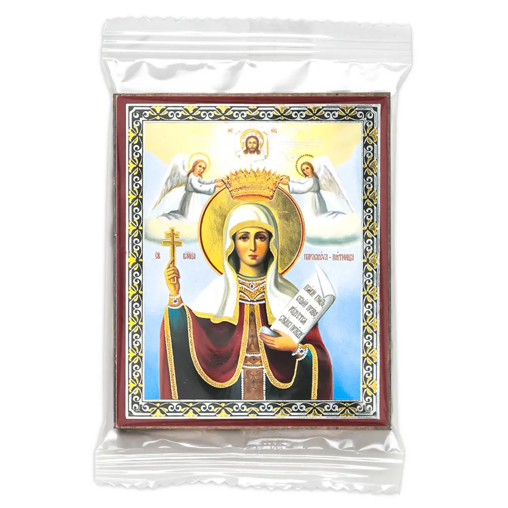 Icon on wooden panel 6×9 double embossing, annotation, packaging Paraskeva