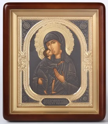 Icon in icon case 18×24 shaped, tempera, combined riza (gilt patina) Feodorovskaya Mother of God