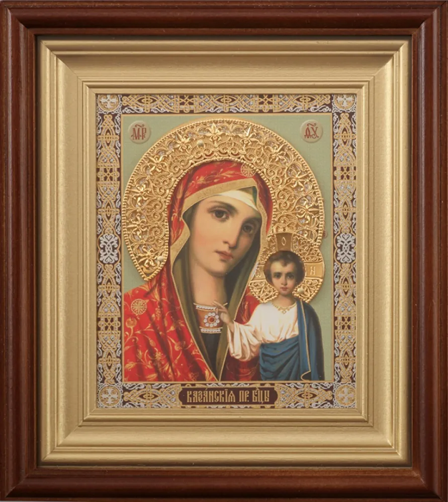 ხატი კიოტში 11×13 რთული, ორმაგი ტვიფრი, მოოქროვილი გვირგვინი ყაზანის ღვთისმშობელი 31