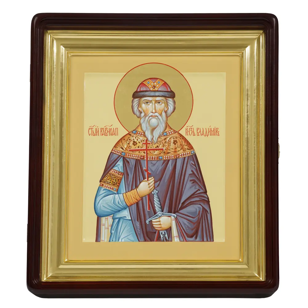 Painted icon on board in icon case 24×30 tempera, gilded halo, recessed field, icon case №1 Vladimir, 06022