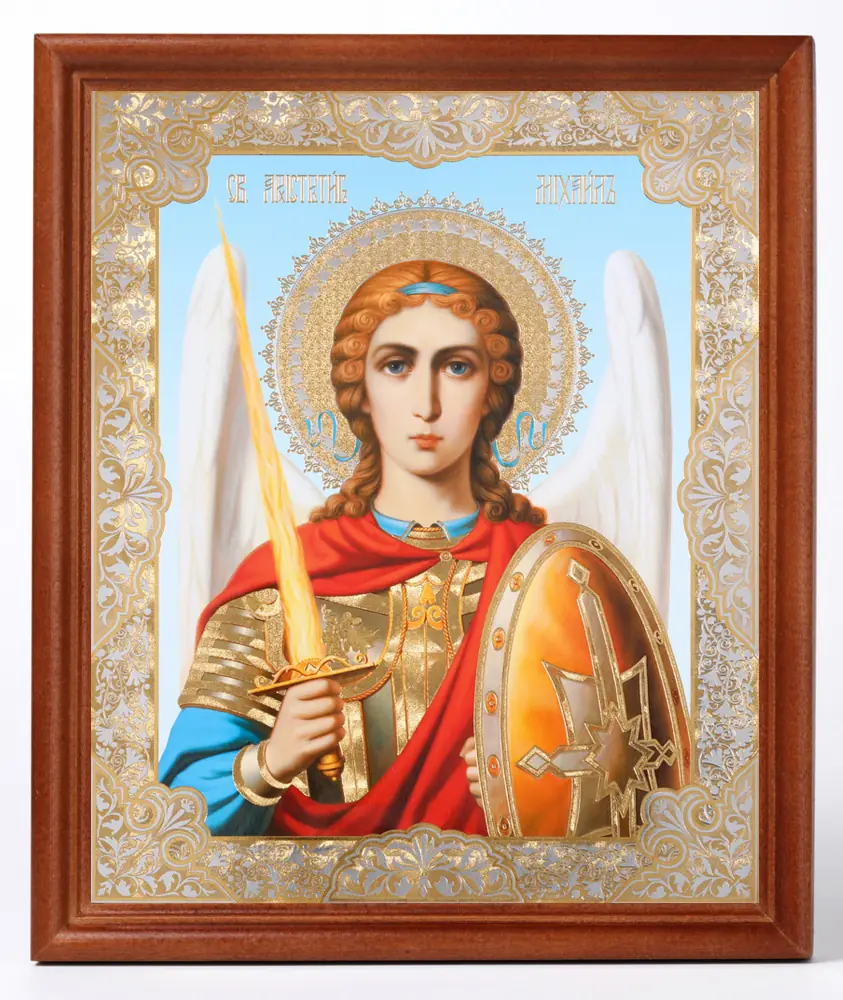 Icon in wooden frame №1 18×24 double embossing Archangel Michael (half-length)