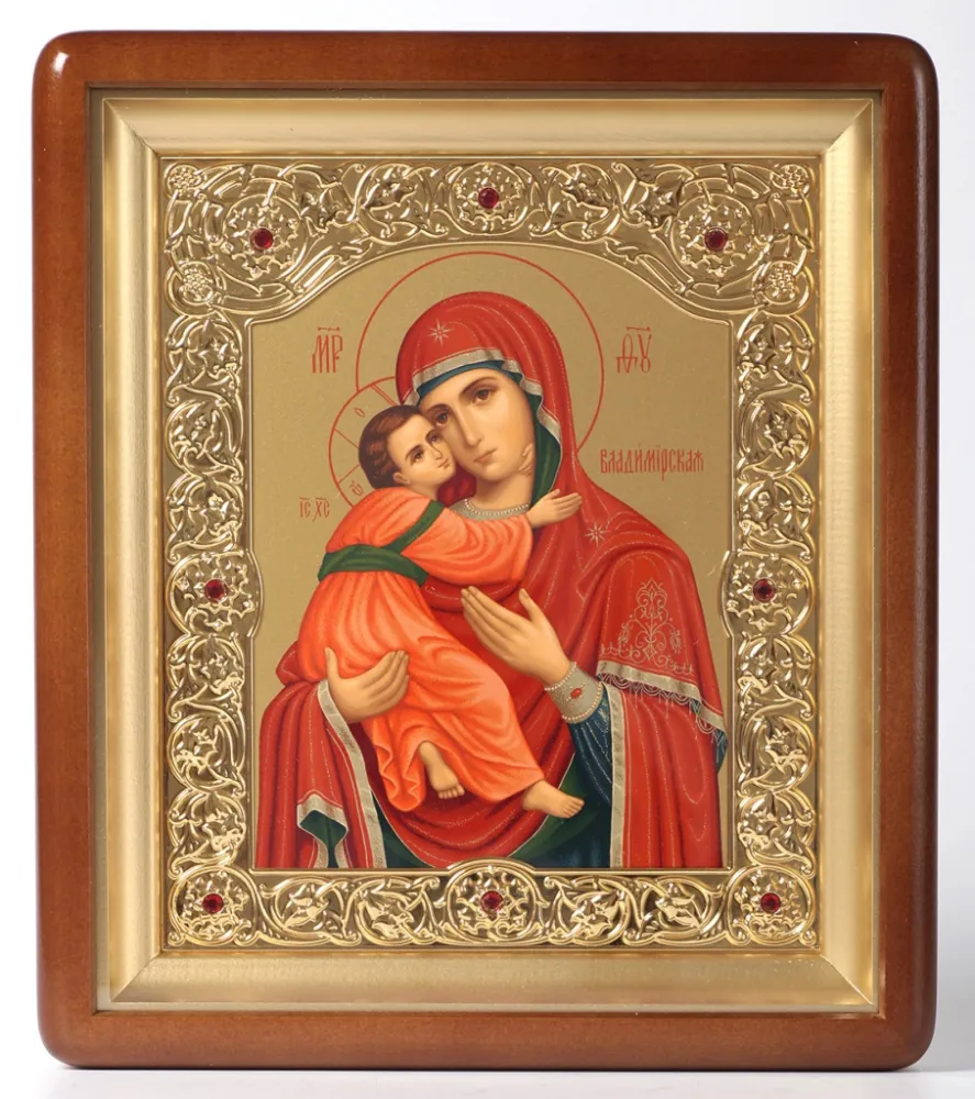 Icon in icon case 18×24 shaped, tempera, shaped frame, gilded Vladimir Mother of God 1