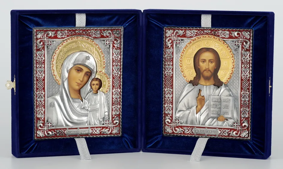 Painted folding icons in case 18×24 tempera, riza covers №241, №242 niello silver plating, enamel (velvet) Saviour-Kazan Mother of God
