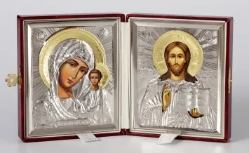 Folding icon in case 11×13 vizicron, embossing, 3D riza, nickel plating Saviour-Kazan Mother of God