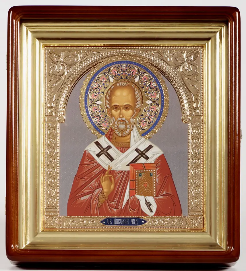 Painted icon in icon case 24×30 tempera, riza cover open, nickel, enamel, icon case №1 Nicholas the Wonderworker