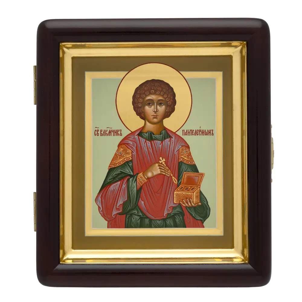 Painted icon on board in icon case 11×13 tempera, gilded halo, recessed field, icon case №1 Panteleimon, 01855