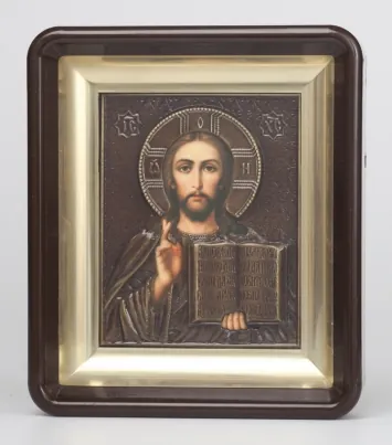 Icon in plastic frame icon case 11×13 brass-plated stretcher patinated riza Saviour