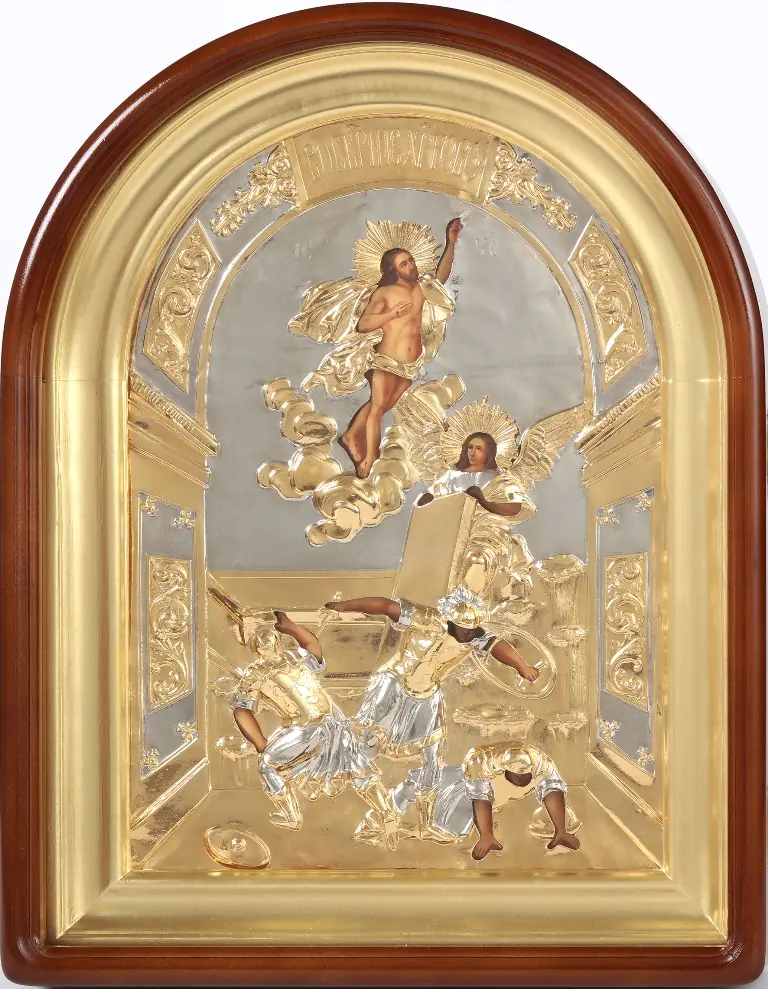 Painted icon in icon case 24×30 oil, riza cover №86, arched icon case №1 Resurrection of Christ