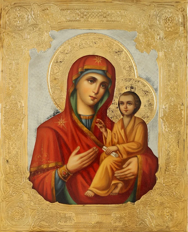 ღვთისმშობლის ფერწერული ხატი «ტიხვინის» 18×24, ზეთი, მოჭედილობა №16, მოოქროვება