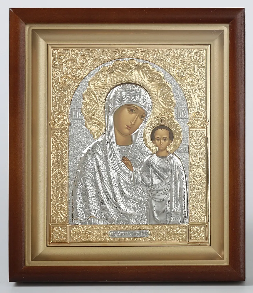 Icon in icon case 15×19 complex, tempera, 3D riza, nickel, gilding Kazan Mother of God