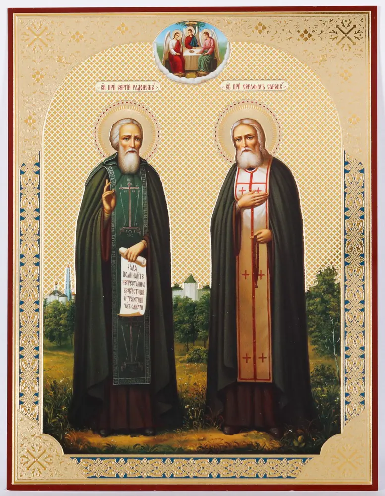 Icon on wooden panel 11×13 double embossing Sergius of Radonezh and Seraphim of Sarov 2
