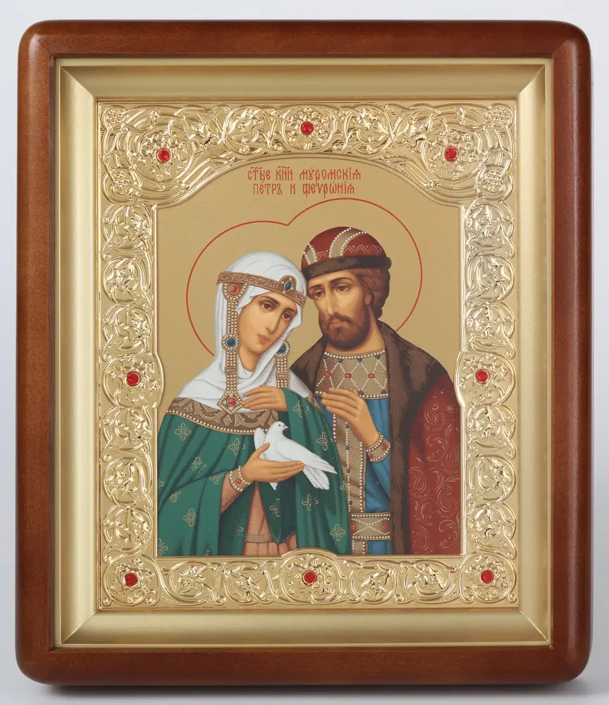 Icon in icon case 18×24 shaped, tempera, shaped frame, gilded Peter and Fevronia 1