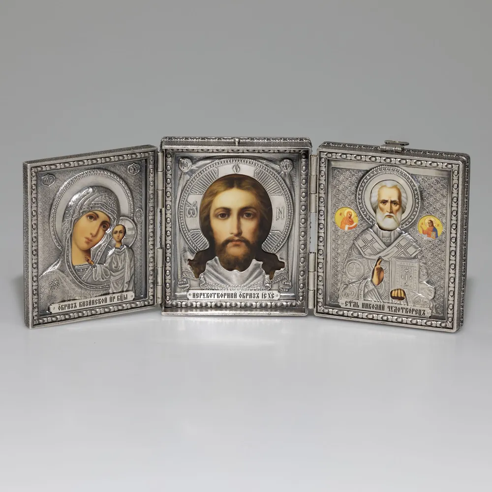 Jewellery folding icon №33 photo, laser engraving / silver plating / Kazan Mother of God-Saviour-Nicholas the Wonderworker
