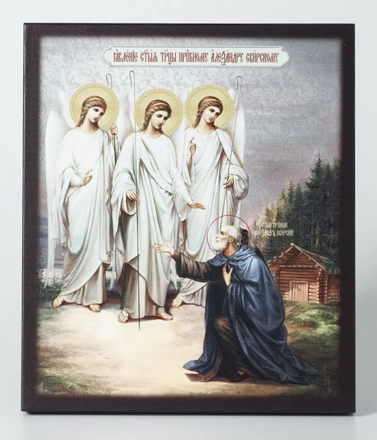 Icon on board 22×26 3D print, varnish Apparition Trinity to Alexander of Svir