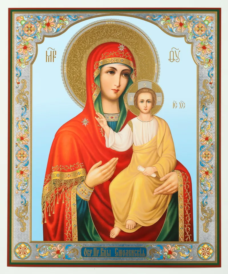 Icon on wooden panel 30×40 double embossing, chipboard, PVC Smolensk Mother of God