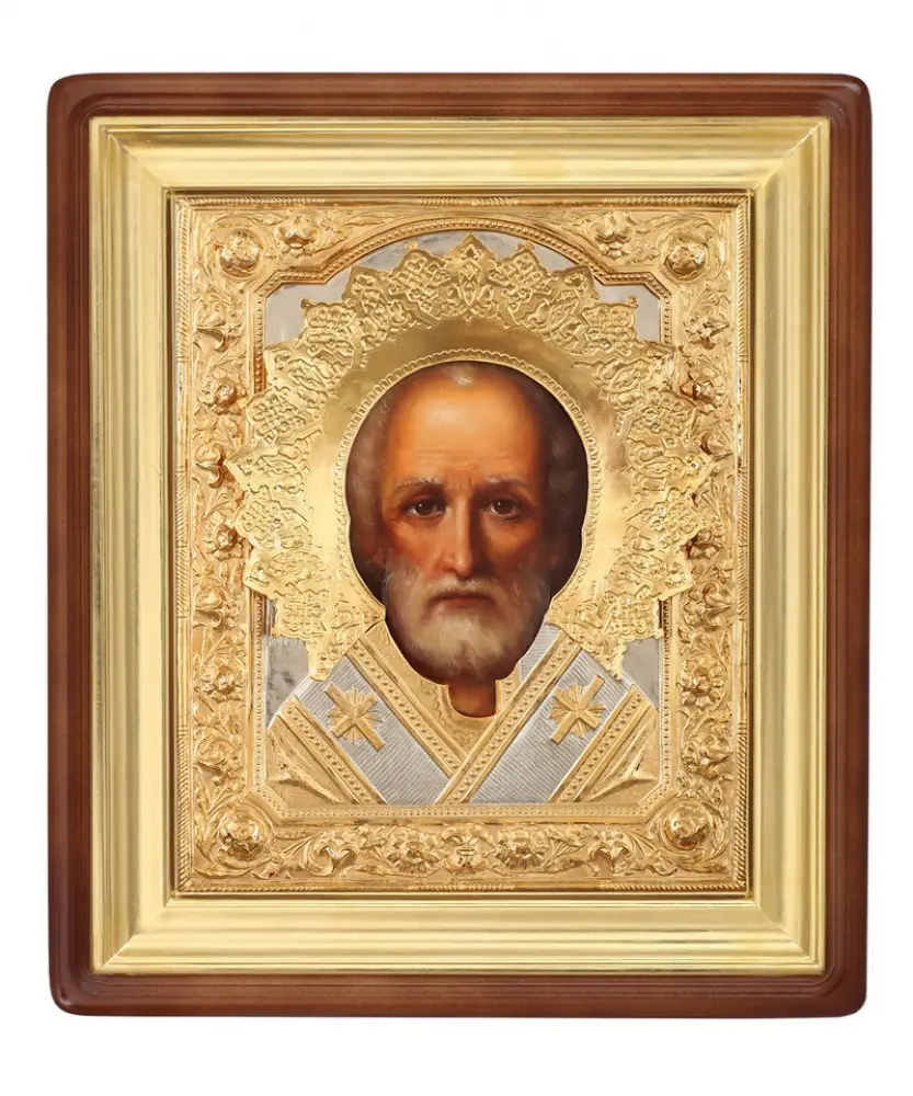 Painted icon in icon case 30×40 oil, riza cover №240, icon case №1 Nicholas the Wonderworker