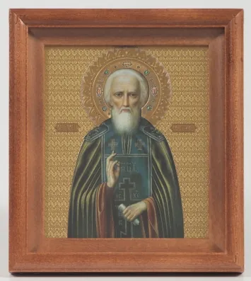 Icon in frame-icon case 13×15 embossing with halo crown Sergius of Radonezh 11