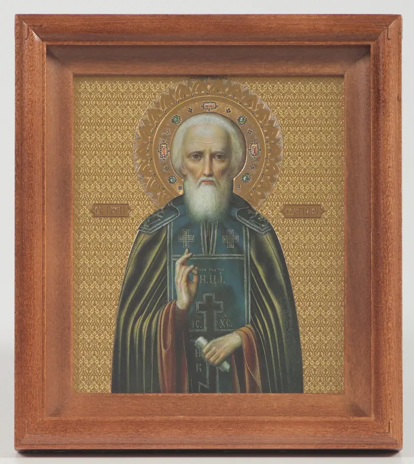 Icon in frame-icon case 13×15 embossing with halo crown Sergius of Radonezh 11