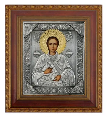 ფერწერული ხატი კიოტში 24×30 ზეთი, მოჭედილობა №132, გაშავებული მოვერცხლვა, კიოტი №22 პანტელეიმონი