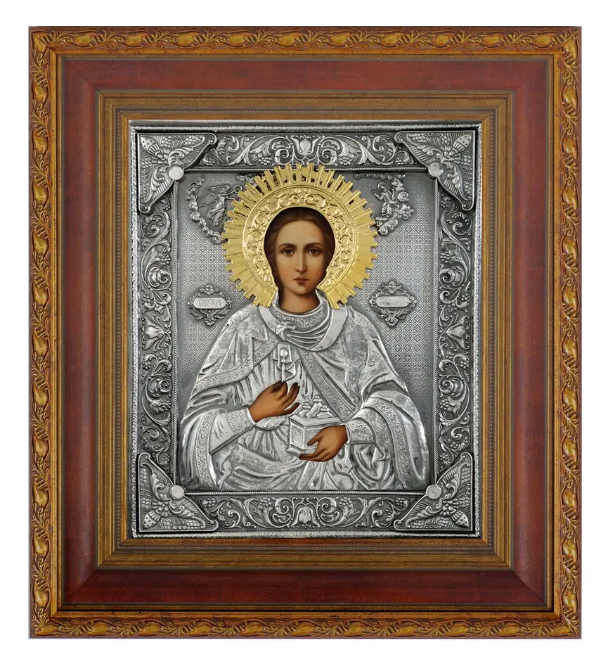 ფერწერული ხატი კიოტში 24×30 ზეთი, მოჭედილობა №132, გაშავებული მოვერცხლვა, კიოტი №22 პანტელეიმონი