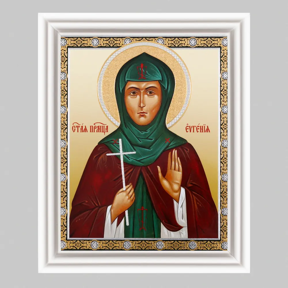Icon in wooden frame №3 11×13 (white) double embossing Eugenia of Rome, Venerable Martyr