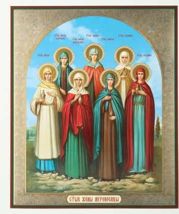 Icon on wooden panel 30×40 double embossing, chipboard, PVC Myrrhbearing Women