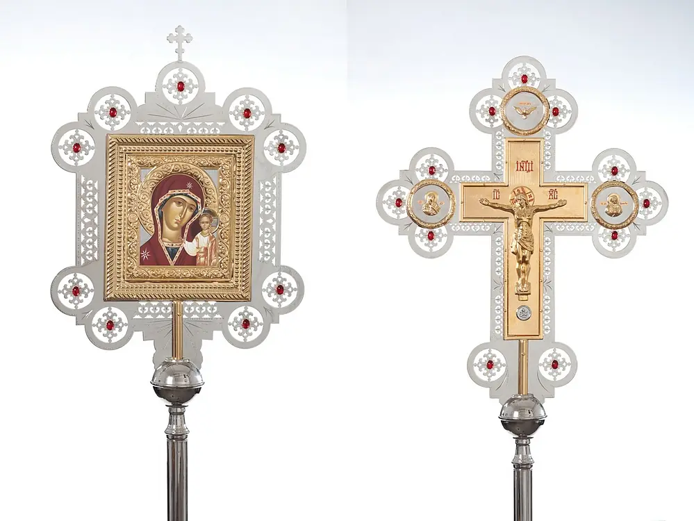 Cross-icon №2-4 processional double-sided with electroformed overlay stones nickel / gilding