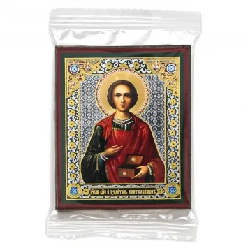 Icon on wooden panel 6×9 double embossing, annotation, packaging Panteleimon