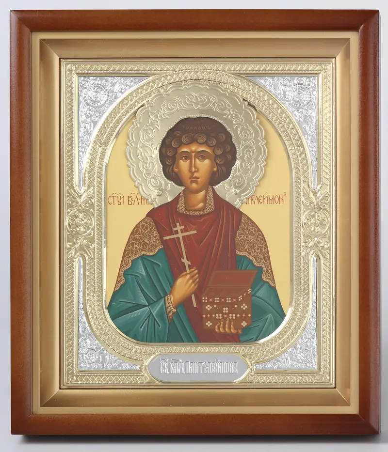 ხატი კიოტში 18×24 რთული, ტემპერა, გვირგვინი, მოჭედილობა-ჩარჩო №1 პანტელეიმონი